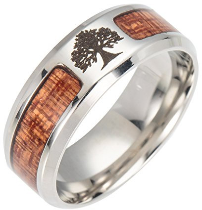 PAMTIER Herren 8MM Baum des Lebens Intarsien Holz Edelstahl Bandring Größe 62 (19.7)