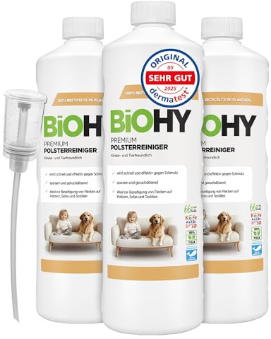 BiOHY Pulitore per tappezzeria Premium (3 bottiglie da 1l) + Distributore | Concentrato organico per mobili imbottiti | smacchiatore che elimina gli odori (Premium Polster)