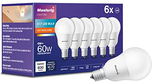Maelsrlg E17 Intermediate Base LED Bulb, 6W (60 Watt Equivalent) G14 Globe Ceiling Fan Light Bulbs, Soft White 2700K, 600 Lumens, Non-Dimmable, Pack of 6
