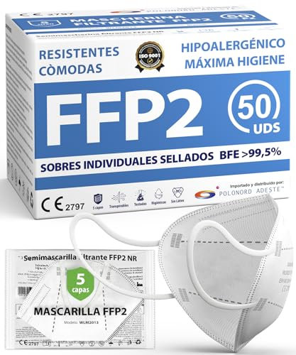 ADESTE – 50 Masques FFP2 NR Blancs Certifiés CE, approvisionnement contrôlé, élastiques confortables, hypoallergéniques et réglables. EFB 99,5%. Emballage individuel