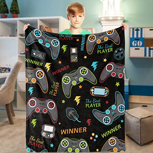 Domgoge Gaming Blankets for Boys Soft Flannel Gamer Blanket Throw Cozy Fleece Gamepad Fluffy Fuzzy Video Game Controller Toddler Kid Player Lover Birthday Gift Sofa Couch 101x127cm, Game-black