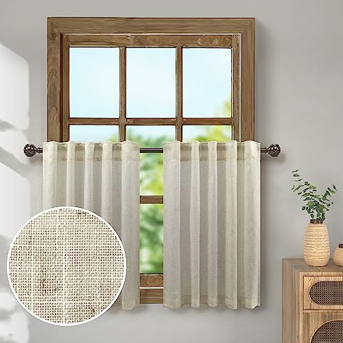 Country Kitchen Curtains for Small Windows 30 Inch Length 2 Tier Panels Back Tab Top Pocket Beige Burlap Color Thick Sheer Short Linen Curtains for Bedroom Basement Garage Playhouse School Dorm Office