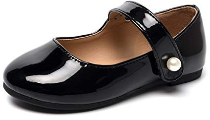 HEVA Klassische Mary-Jane-Schuhe für Mädchen mit Klettverschluss, Flache Schuhe für Hochzeitskleider Schulschuhe(8.5UK 26EU,Schwarz)