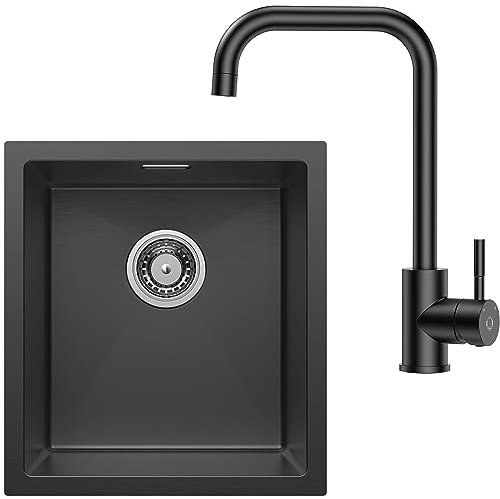 CECIPA Schwarze Spüle mit Armatur, Wasserhahn Küche Schwarz, Küchenspüle Edelstahl Rechteckig, Spüle Schwarz, Edelstahlspüle ohne Hahnloch, Einzelspüle Klein, Spülbecken Küche 40x44cm