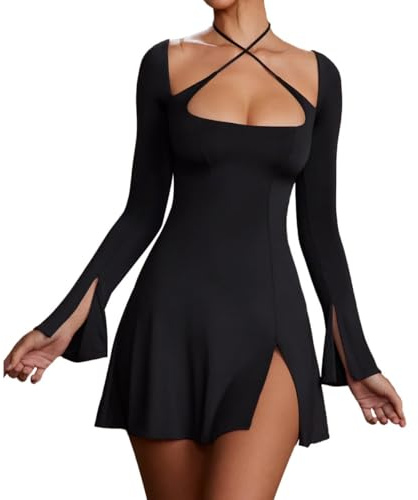 RPAEOY Vestido Mujer Elegante Manga Larga Correa Cruzada Cuello Cuadrado sin Espalda Mini Ajustado de Classy Retro Color Sólido Cóctel Vestidos de Noche Fiesta Clubwear Ceremonia Dress (Negro,L)