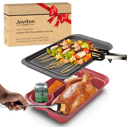 4PCS Melamine Prep Tray Set with Tons & Brush for BBQ, Marinating Plate