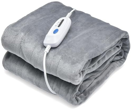 HOMASIS Heizdecke, elektrisch Wärmeunterbett mit Abschaltautomatik, 4 Wärmestufen, 8-Stunden-Timer, PTC/NTC Überhitzungsschutz, Fernbedienung, maschinenwaschbar Wärmedecke Flanell (Grau, 130x180cm)