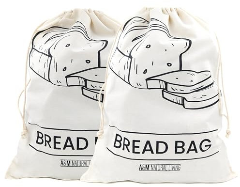 A&M Natural Living Bread Bag Storage Set of 2, 50cm x 40cm Cotton Bags for Homemade Bread, Reusable, Breathable and Eco Friendly with Drawstring Closure