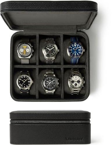 Caja de reloj TAWBURY - Caja de reloj de cuero genuino de grano superior de 6 ranuras para hombres y mujeres con almohadillas extra anchas para relojes grandes - Almacenamiento portátil de relojes de