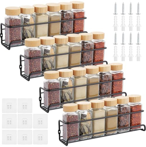 ASelected Set of 4 Metal Spice Racks Black Spice Racks with 8 Stickers and Screws Kitchen Cabinet Pantry Door Spice Organiser - 29×6.8×6.5 CM