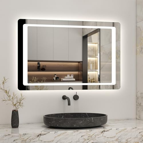 AICA Miroir Salle de Bain 90 x 70cm Anti-buée +dimmable + mémoire, Miroir Lumineux avec 2 Interrupteurs Tactiles