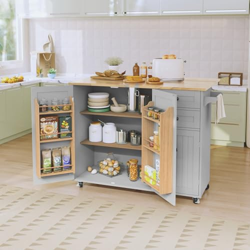 HOLTICO Kitchen Island on Wheels, Kitchen Trolley Storage Islands & Carts with Extendable Rubberwood Worktop, Grey Rolling Kitchen Island Breakfast Bar with Drawers and Spice Rack