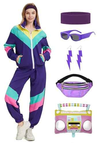 Coseaon 80s Tracksuit for Women Retro Windbreaker Outfit 90s Color Block Sportswear Set with Jacket Sweatpants (US, Alpha, Medium, Regular, Regular, Deep Purple)