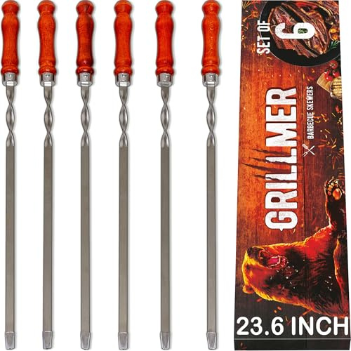 Premium BBQ Skewers with Wooden Handles 23.6 Shish Kabob Skewers Stainless Steel Long & Reusable Kabob Sticks Barbecue Skewers for Grilling Set of 6 Piece (6, 23.6 Inches)