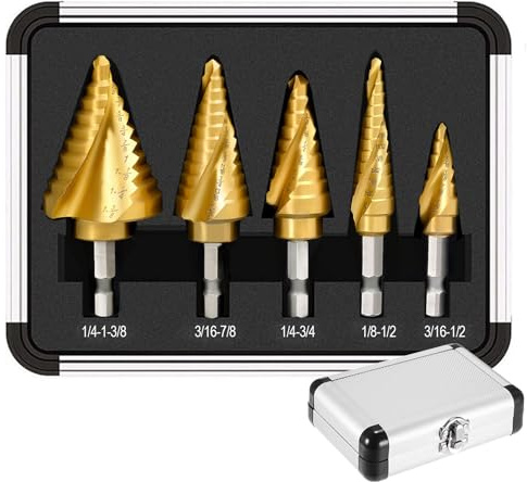 5PCS Titanium Step Drill Bit - 4241 HSS Step Bit with Two Spiral Grooved, 50 Sizes from 3/16 to 1-3/8, Steps Bits for Metal, Aluminum, Wood & Plastic, for Electricians & DIY
