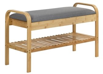 BRINDEK Banco Zapatero de bambú | Asiento Acolchado Gris con asideros | Descalzadora 90x33x50 cm | Mueble recibidor con Zapatero | Diseño escandinavo Resistente a la Humedad | Montaje fácil