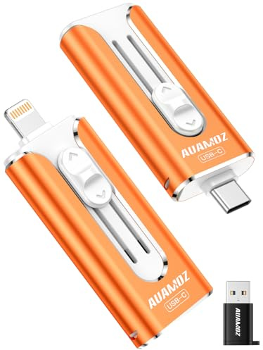 AUAMOZ 256GB Mini Dual Interface Flash Drive, Portable Memory Stick Compatible with iPhone 17/16/15/14/13/12/11, iPad, Android & PC, Easy to Save Photos, Videos & Files (1 Pack-Cosmic Orange)