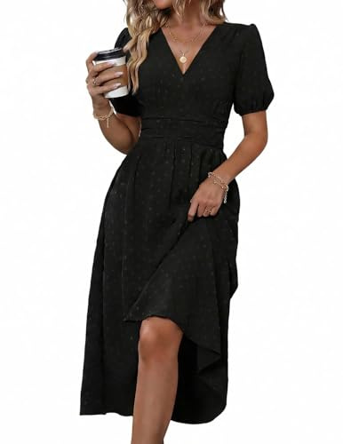 LIUPMWE Womens Summer Casual Wrap Dresses UK Short Sleeve Elegante Ladies V Neck Lantern Sleeve Ruffled Waist Maxi Party Dress