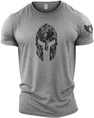 GYMTIER Spartan Helmet Hex Camo - Spartan Forged - Men's Gym T-Shirt - Bodybuilding Workout Top, Sport Grey, 5XL