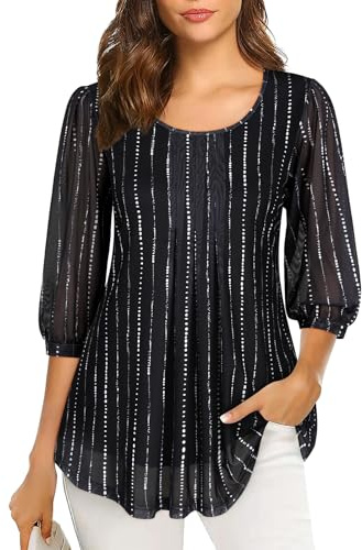 Gemulate Ladies Tops 3/4 Sleeve Tops for Women Round Neck Chiffon Blouses | Summer Dressy Casual Flowy Tunic Double Hem Top Loose Pleated Floral Mesh T-Shirt M-3XL