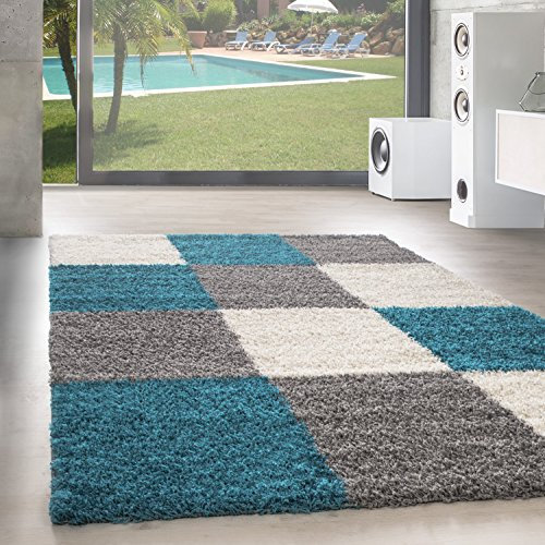 SIMPEX Teppich Wohnzimmer Shaggy Moderne Kariert Design Türkis 120 x 170 cm - Hochflor Teppich Schlafzimmer Extra Weich und Pflegeleicht - Flauschiger Teppich Langflor für Küche Carpet Living Room