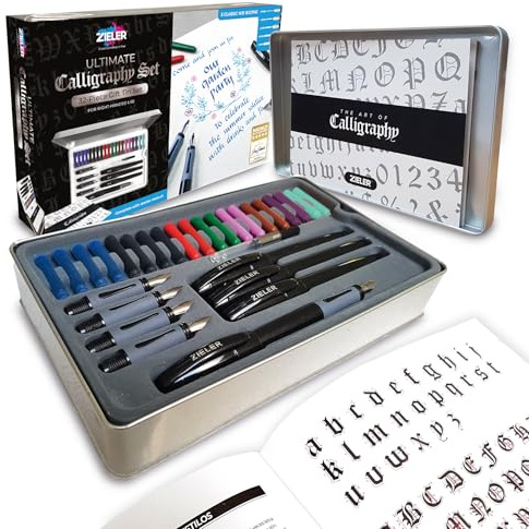 Zieler Ultimate Calligraphy Pen Set – 32-piece Gift Tin Set ● 4 Soft Grip Calligraphy Pens ● 5 free-flowing Nib sections ● 20 Ink cartridges ● Ink convertor ● with Calligraphy Starter Guide