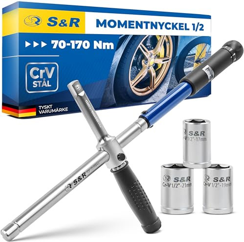 S&R Kreuz Drehmomentschlüssel 70-170 Nm Set 1/2 Zoll, Drehmoment-Schlüssel neues Patent, verstellbarer Spindelgriff, 3 Stecknüsse 15mm, 17mm, 19 mm, aus CrV-Stahl, bruchfest, im stabilen Koffer