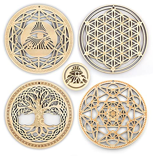 Qallicon 5.31 Sacred Geometry Wall Art 4 PCS Set, (The Eye of Horus, The Flower of Life, The Tree of Life, Metatron's Cube) Crystal Grid Meditation Chakra Wooden Wall Art Yoga Decor Spiritual Gifts