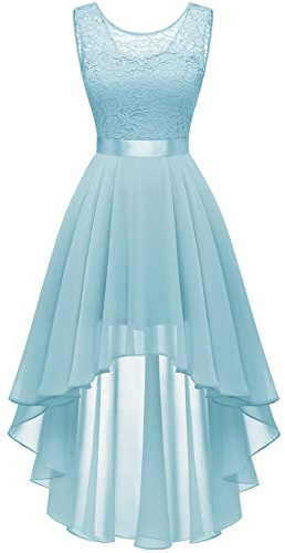 Berylove Vintage Robe de Cocktail Pin Up High Low en Dentelle Mousseline pour Mariage Soirée Bal Jupe Asymétrique sans Manche avec Ceinture 35 Light Blue XL