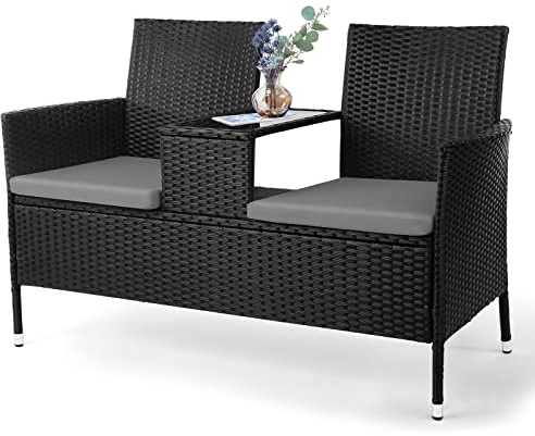 TLSUNNY Set di Mobili da Balcone in Polyrattan, Resistente alle Intemperie, Panca da Giardino a 2 Posti con Tavolo Integrato e Cuscini, Confortevole e Traspirante, Grande, 120X54X83cm, Nero