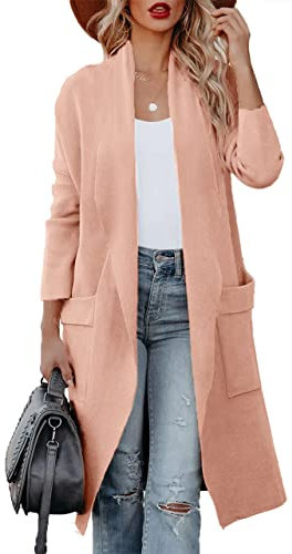 Maavoki Cardigan en Tricot pour Femme, Manches Longues, Ouvert, avec Poche, Décontracté, Long Manteau en Tricot uni, Rose, M
