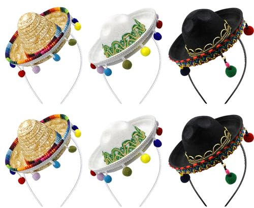 Yzpacc Juego de 6 sombreros de paja del Cinco de Mayo con diadema de tela con flecos de bola, decoración para sombrero de fiesta, suministros de fiesta, decoración temática mexicana y recuerdos de