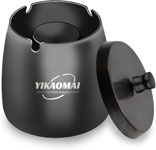 YIKAOMAI® Cendrier avec couvercle à cigarettes (grand), adapté à l'intérieur et à l'extérieur, cendrier en acier inoxydable étanche au vent (noir, grand 10×9×10)