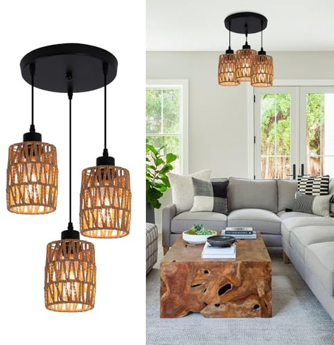 JIINOO Lámparas Colgantes De Ratán, iluminación colgante marrón industrial, candelabro de mimbre tejido ajustable, lámpara de techo de cesta de granja para comedor, dormitorio, vestíbulo, 3 luces