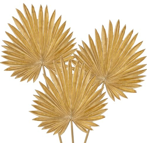 Large Pu Foam Gold Artificial Palm Leaves Faux Palm Tropical Leaves Fake Palm Fronds for DIY Wedding Bouquets Fake Leaves for Centerpieces Arrangements Bridal Shower Palm Leaf for Home Decor-3 Pcs