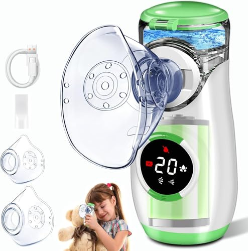 Nebulizador con Pantalla de Visualización, Nebulizador Portatil Nebulizador para Bebe Niños Adultos con Boquilla y 2 Máscaras, Nebulizador Silencioso para Uso Doméstico y de Viaje