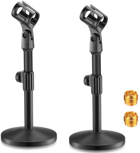 Hoteam 2 Pcs Desktop Microphone Stand Adjustable Table Mic Stand Mic Clip Mic Stand Desk with 5/8 Male to 3/8 Female Screw Metal Round Base for Table Desk Interviews, Black