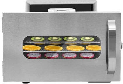 SABUIDDS Dörrautomat Edelstahl mit 6 Einlegefächer Food Dörrgerät von 30-85 ℃, 24h-Timer, 400W, inkl. 6 Dörrgitter, 1 Dörrtabletts, Dehydrator für Fleisch, Obst, Gemüse BPA Frei, Silber
