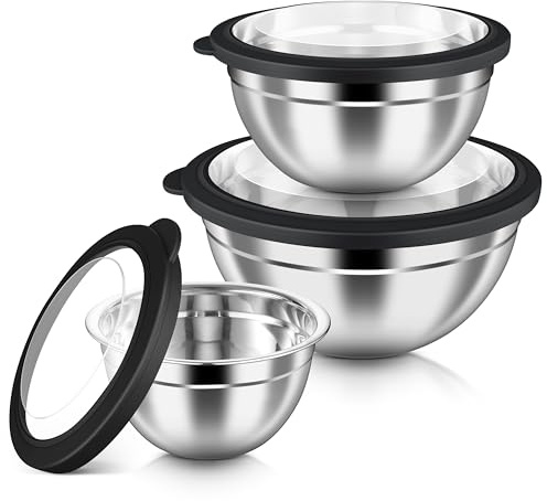 HaWare Mixing Bowls with Airtight Clear Lids, 6-Piece Stainless Steel Strong Nesting Bowls Set, Metal Salad Bowl for Cooking, Prepping, Baking, Serving & Food Storage, Size 4.6, 3, 1.5QT, Black