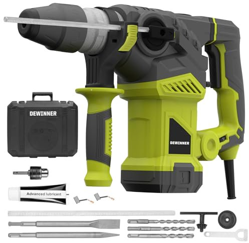 DEWINNER Martillo Percutor SDS-Plus,1500 W, 6 velocidades, 850RPM, 4400BPM, 5.5J, embrague de seguridad y tecnología antivibración, 3 funciones, incluye organizador, cincel y broca de 32mm