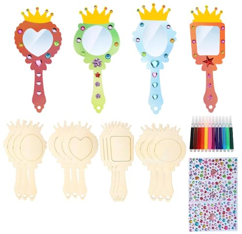 XDGBGFN Lot de 27 pièces de bricolage - 12 pièces - Couronne en bois - Miroir à main pour enfants - Miroir à main en bois inachevé pour bricolage et décoration de peinture