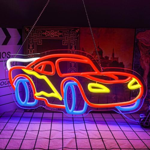 Flixyticy Racing Car Neon Signs for Wall Decor, LED Hanging Light Sign USB Powered Dimmable for Boys Girls Room Gameroom Wall Decor Party Holiday Birthday Gift (Racing Car)