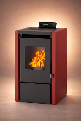 NEMAXX® PC5 Pelletskamin 5,3 kW upp till 120 m³ – Pelletuppvärmning & elektrisk kamin med ECO-läge, Wi-Fi Ready, multifunktionsdisplay, fjärrkontroll & överhettningstermostat – Röd