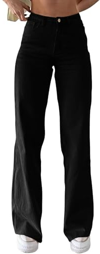 Generisch Pantalones vaqueros para mujer, informales, cintura alta, holgados, pierna ancha, elásticos, rectos, monocolor, pantalones vaqueros holgados para mujer, A negro., L