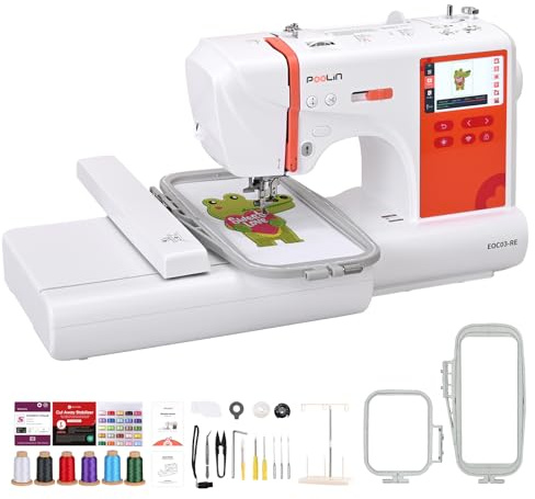 PooLin EOC03 Macchina da ricamo – Macchina da ricamo elettronica – Schermo tattile LCD da 4,3″, telai 10×10 cm e 10×23,5 cm, importazione motivi USB/Wi-Fi, ideale per principianti ed esperti