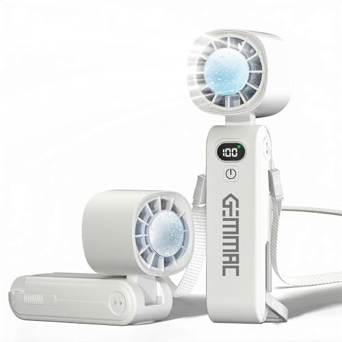 Gemmac Ventilador de Mano Portatil, 5-en-1 Ventilador con Hielo 5 Velocidades 5000mAh Pilas Recargables LED Pantalla Digital 13000RPM Ventiladores de Cuello Sobremesa para Viaje Oficina Senderismo