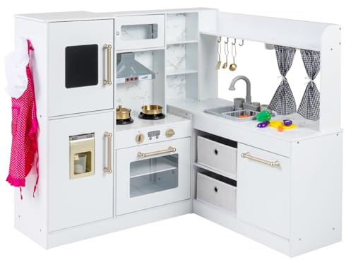 Maxmass Kids Corner Kitchen, Wooden Children Play Kitchen with Lights, Sounds, Water Circulation System, Ice Maker, Chalkboard, Telephone, Role Play Kitchen Pretend Cooking Set for Boys Girls (White)