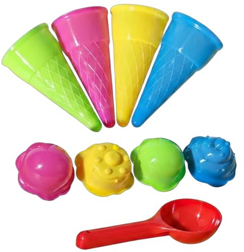 Sand Toys Ice Cream Set, 9 Piece Beach Play Set with Four Ice Cream Cones and Four Lids, Includes Scoop for Sand Play Activities, Sandpit Toys for Sandpit and Outdoor Play