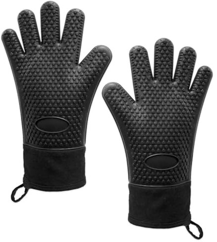 SPARES2GO Guanti da barbecue antiscivolo in silicone resistenti al calore per la protezione dell'avambraccio, ideali per BBQ barbecue, griglia e forno (taglia L, neri)