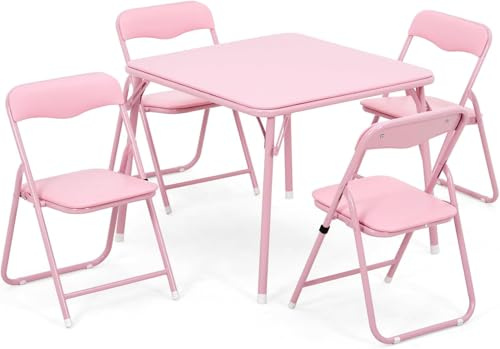 Zstar Conjunto de Mesa y Sillas Plegables para Niños, Mesa Infantil | con 4 Sillas Acolchadas de PU Marco de Acero Resistente, Ahorra Espacio, para Comedor, Sala de Juegos y Dormitorio, Rosa